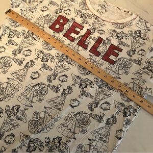 Disney Belle Graphic black / white T-Shirt with  glitter Lettering.Fun long top!